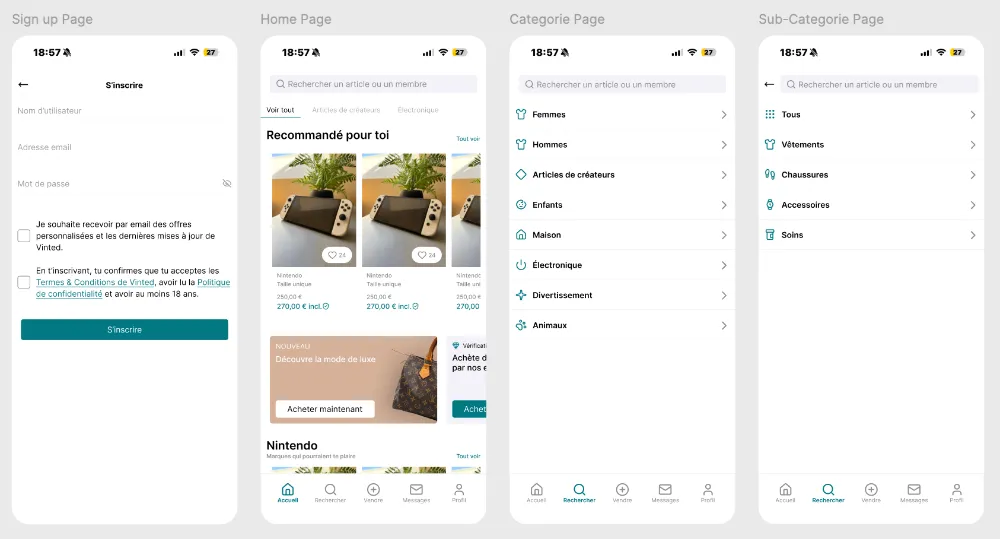 Pages de l'application Vinted